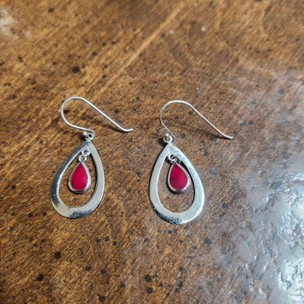 Vintage Athra ATI 925 Sterling Silver Red Enamel Teardrop Dangle Earrings Pair